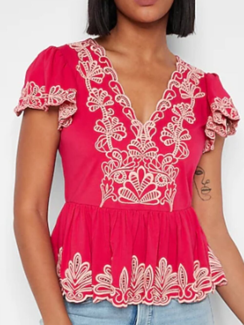 NWT Express Vibrant Red Embroidered Ruffle Sleeve Peplum Blouse XS